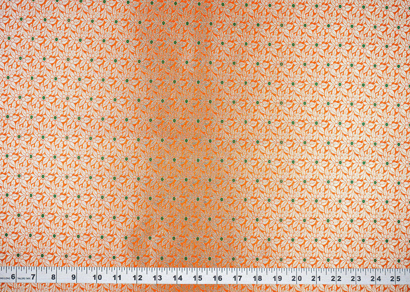 Orange Banarasi Brocade Fabric With All Over Golden Zari Handloom 23012