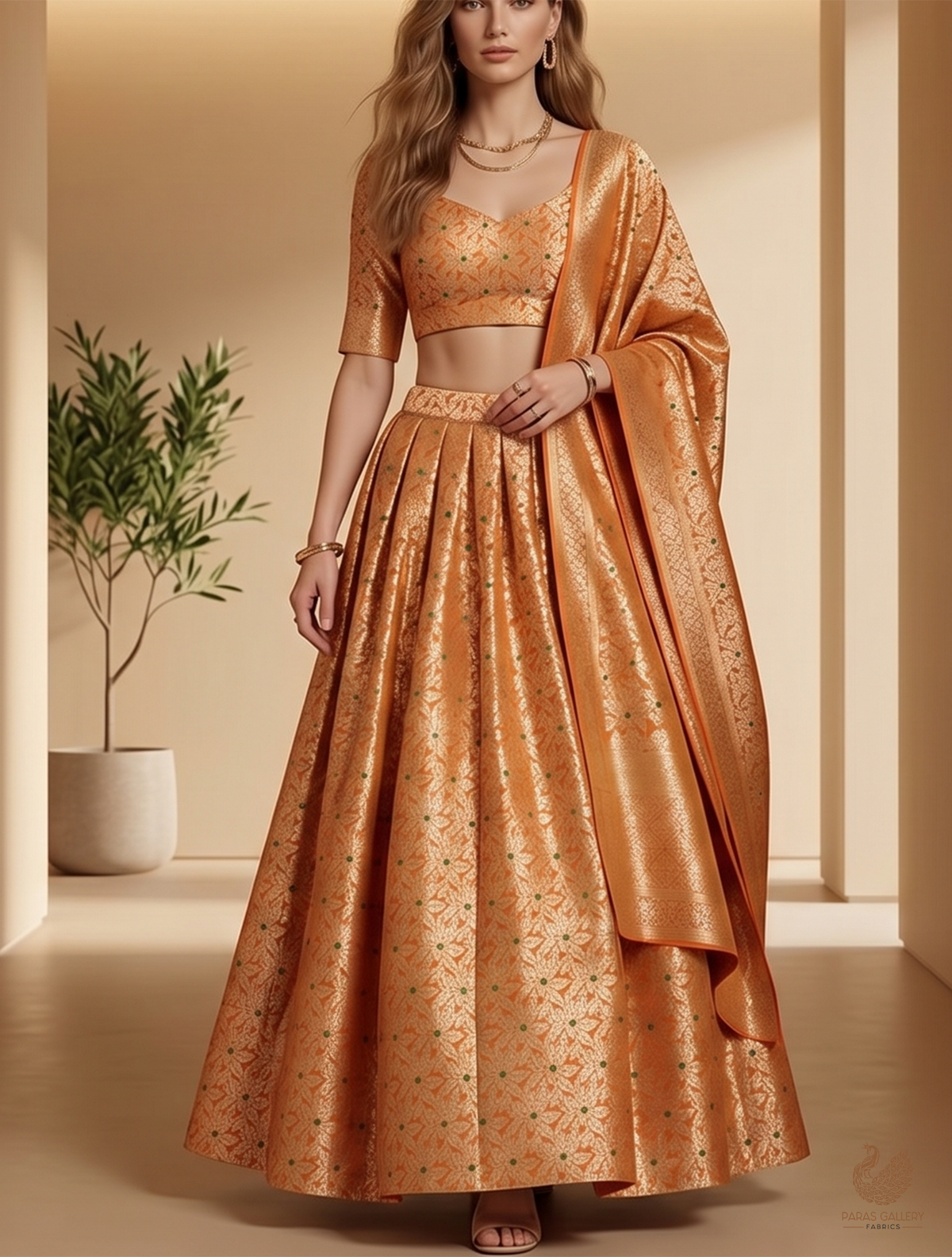 Orange Banarasi Brocade Fabric With All Over Dull Gold Zari Handloom 23012