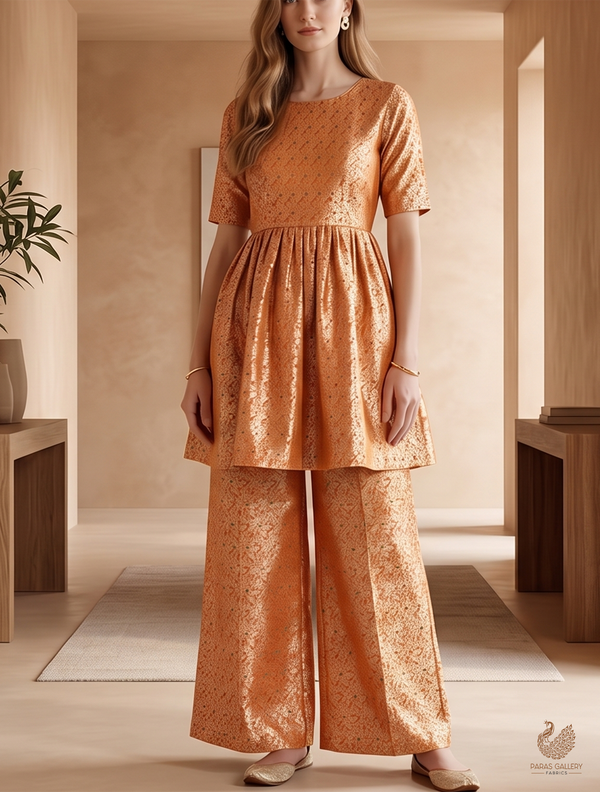 Orange Banarasi Brocade Fabric With All Over Dull Gold Zari Handloom 23012