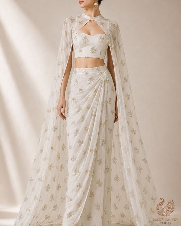 The Noor - White Dyeable Georgette Fabric With All Over Golden Foil Work | 23030