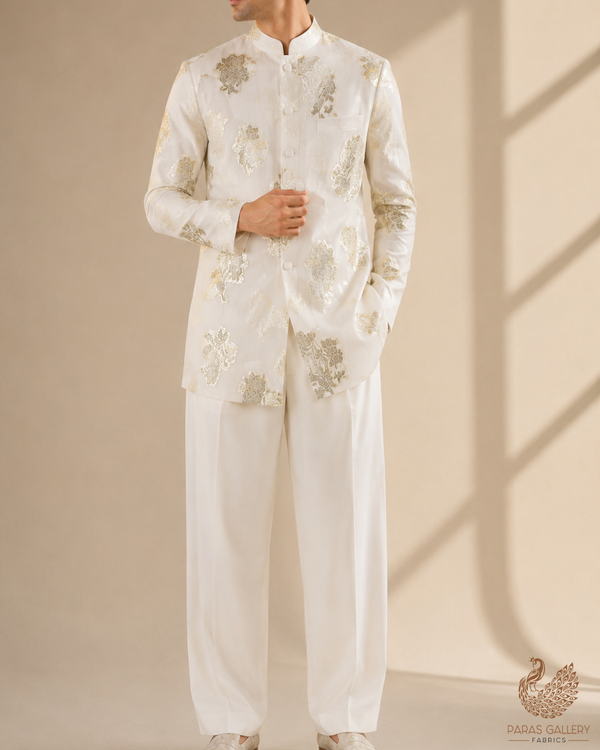 The Noor - White Dyeable Georgette Fabric With All Over Golden Foil Work | 23030
