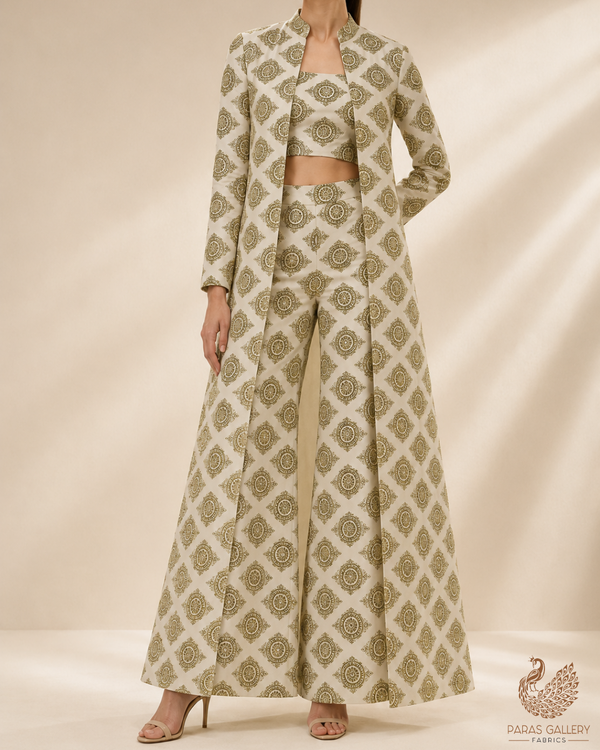 White Dyeable Georgette Fabric With All Over Golden Foil Work  23036