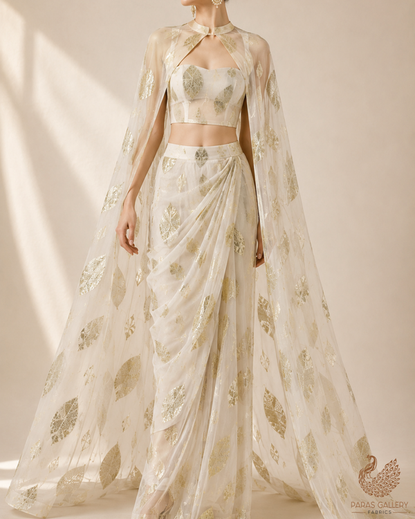 White Dyeable Georgette Fabric With All Over Golden Foil Work  23037
