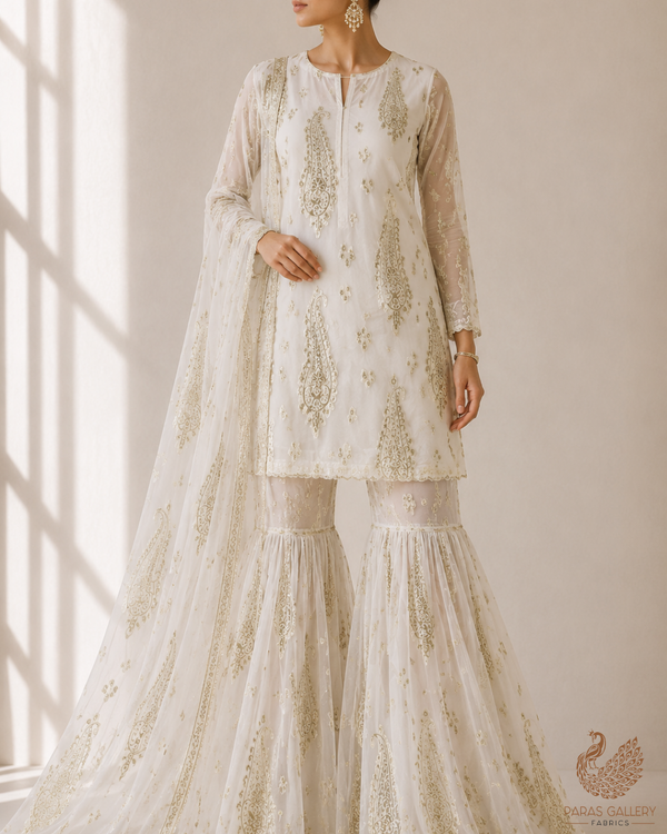 White Dyeable Georgette Fabric With All Over Golden Foil Work  23043