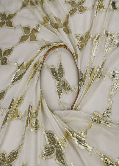 White Dyeable Georgette Fabric With All Over Golden Foil Work  23045