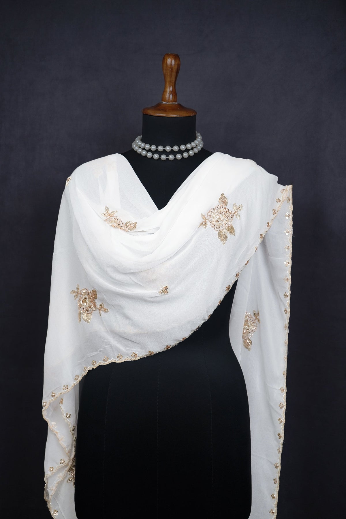 White Dyeable Georgette Dupatta All Over Zari, Sequins And Katdana Work 23053