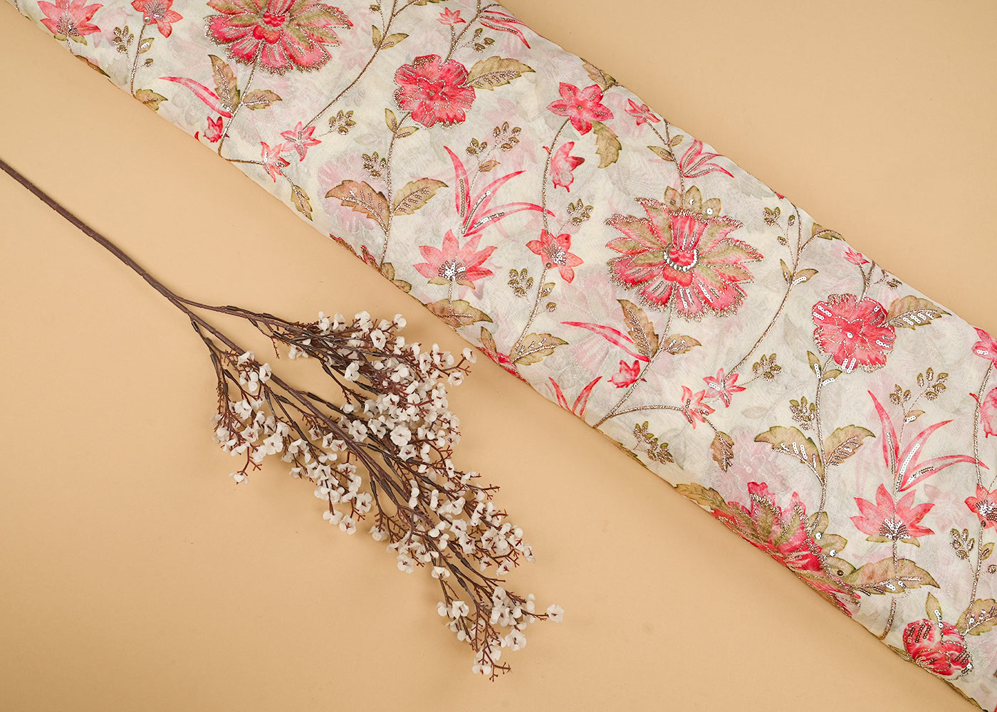 Cream Organza Fabric With All Over Floral Print, Zari And Sequins Work 23057