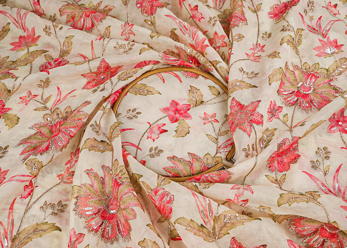Cream Organza Fabric With All Over Floral Print, Zari And Sequins Work 23057