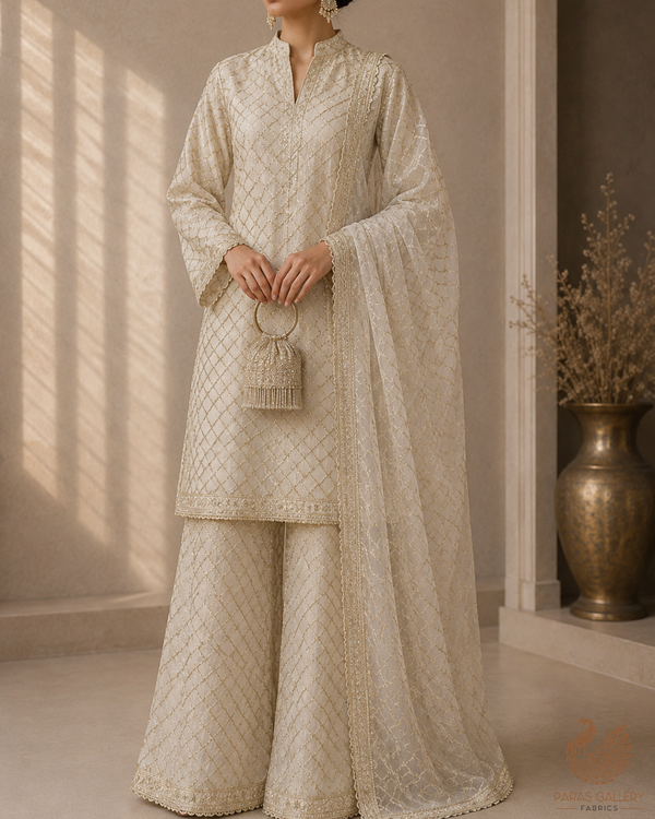 White Dyeable Chanderi Fabric With All Over Zari Handloom 23073