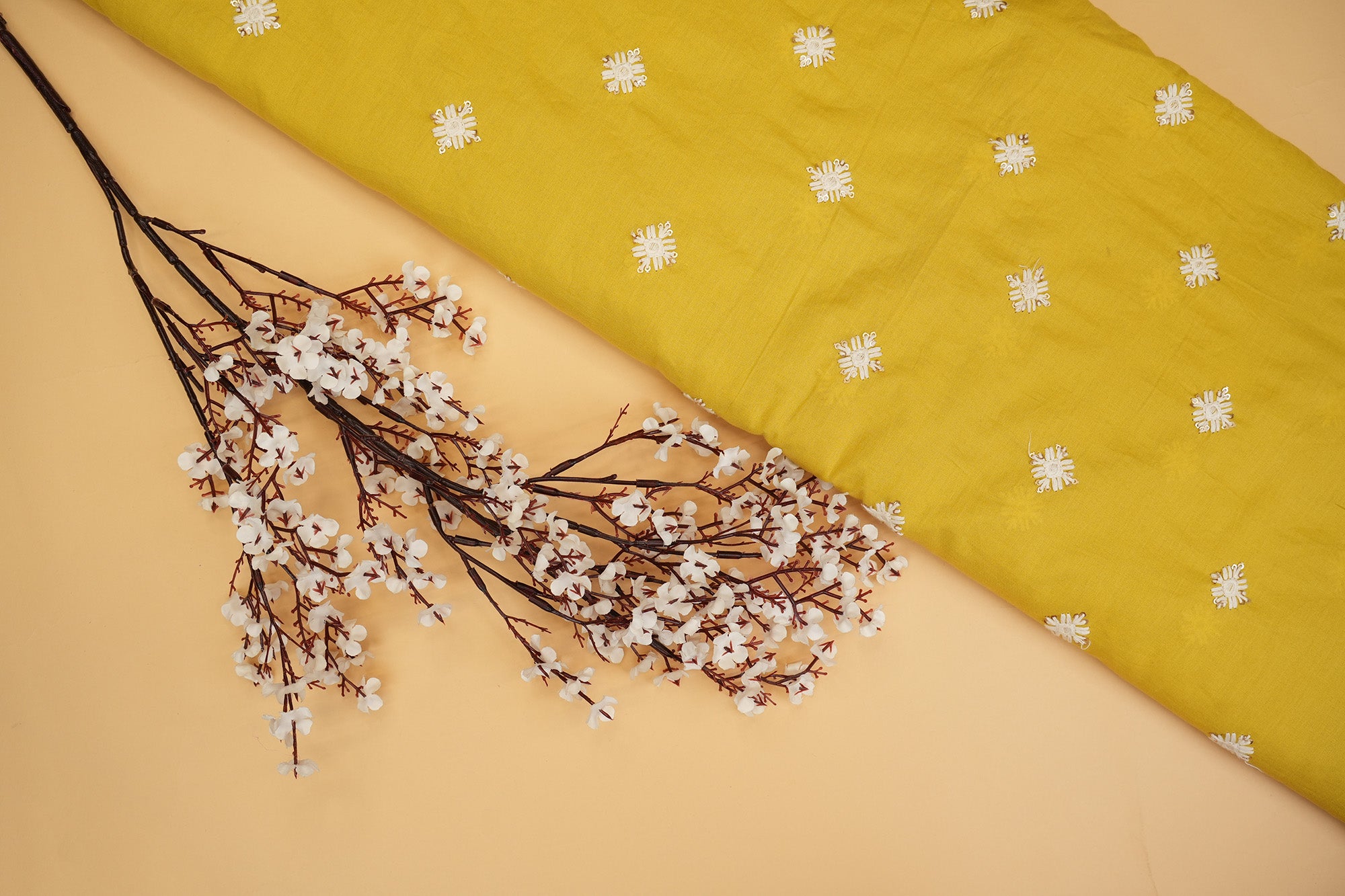 Mustard cotton sequins with floral pattern  threadwork embroidery