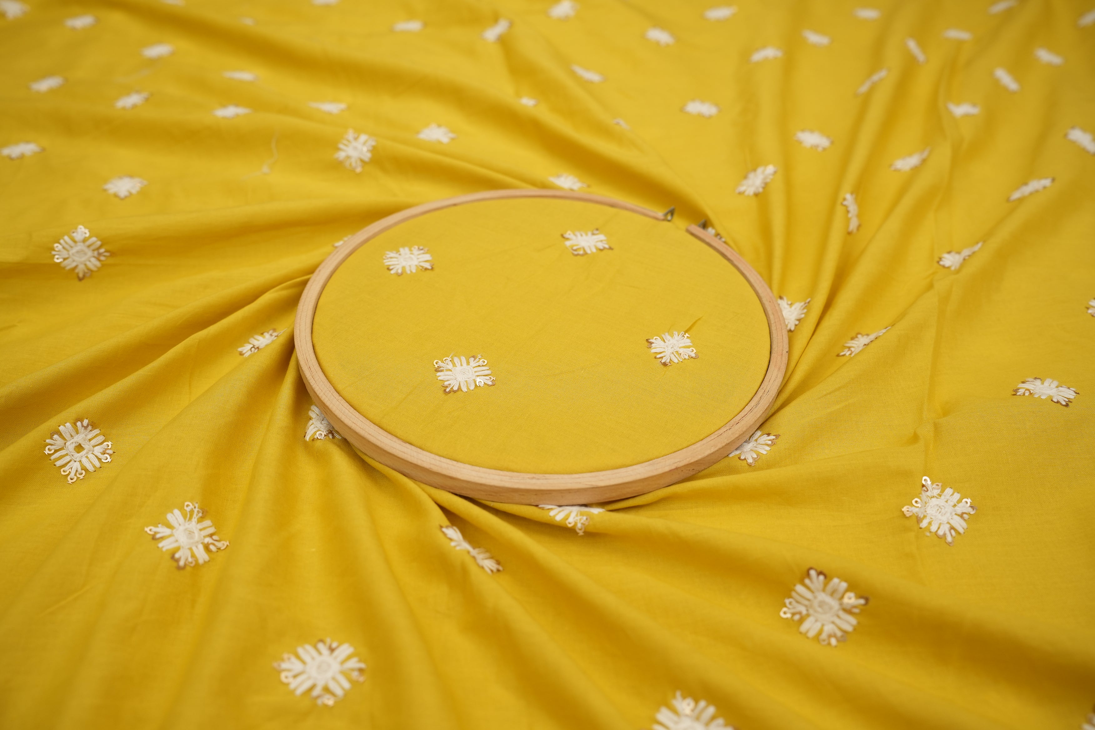 Mustard cotton sequins with floral pattern  threadwork embroidery