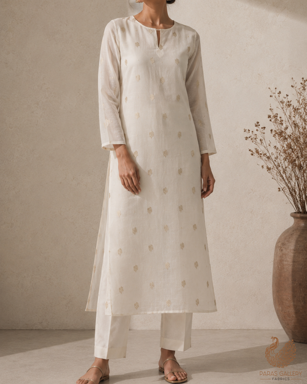 White Dyeable Chanderi  Fabric With All Over Zari Handloom 23090