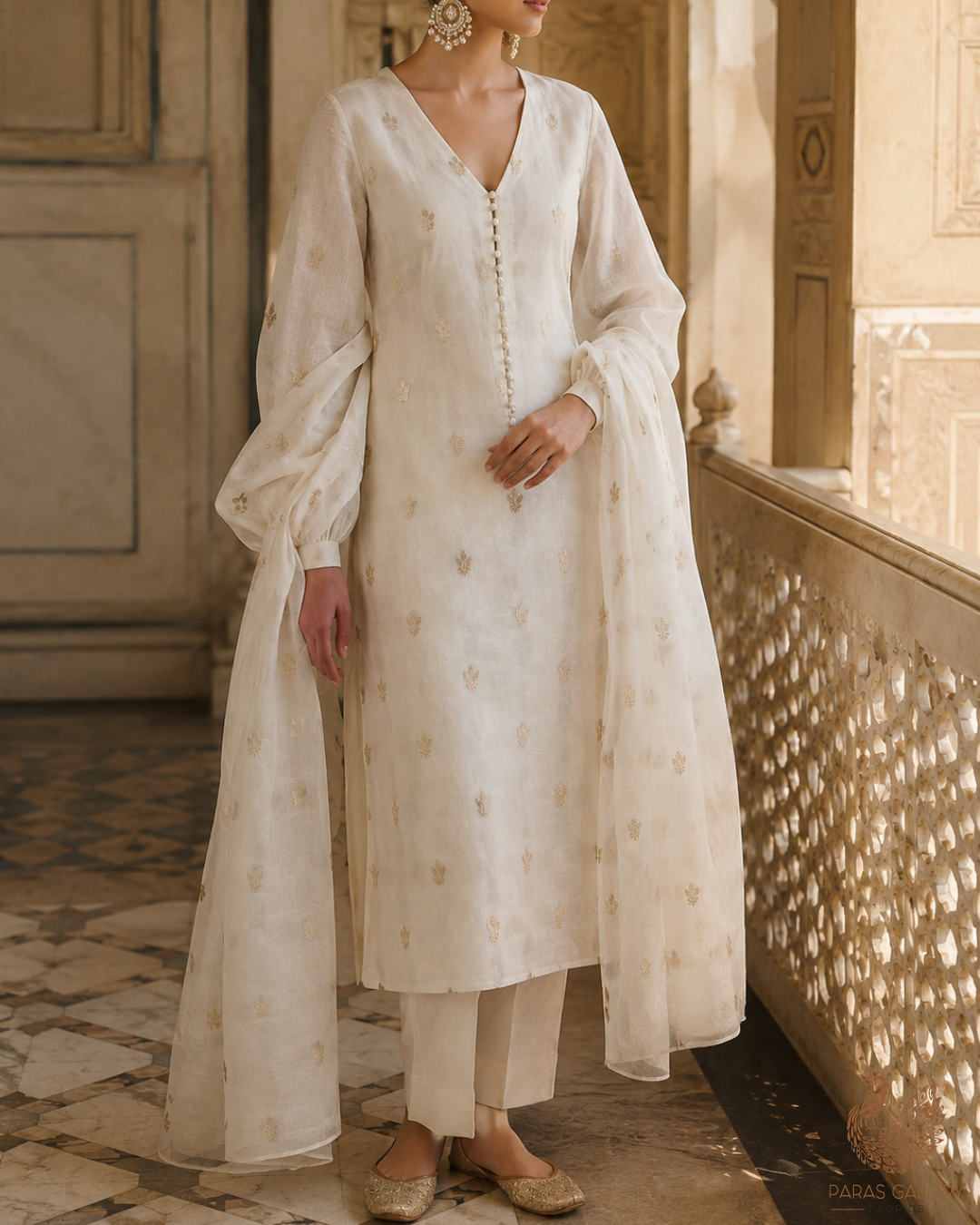 The Noor - White Dyeable Chanderi Fabric With All Over Zari Handloom | 23091