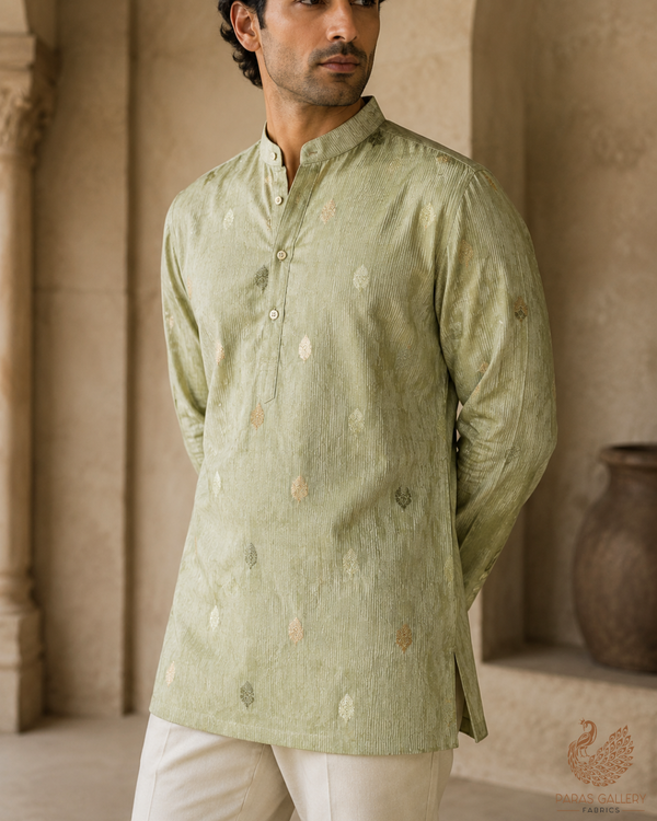 The Noor - Pista Green Tissue Fabric With All Over Zari Handloom | 23096