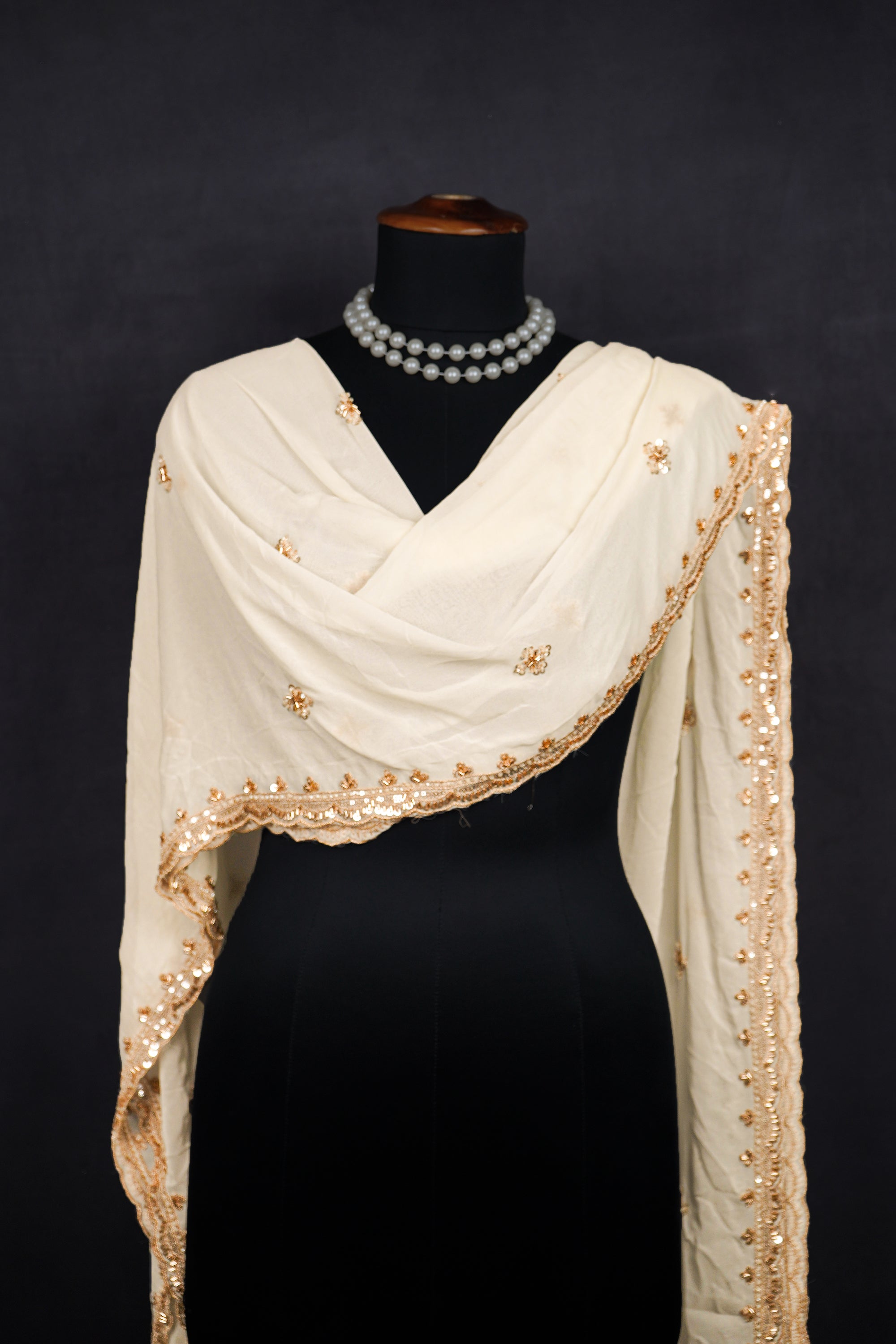 White Dyeable Georgette Dupatta With All Over Zari, Bead And Sequins Work 23110