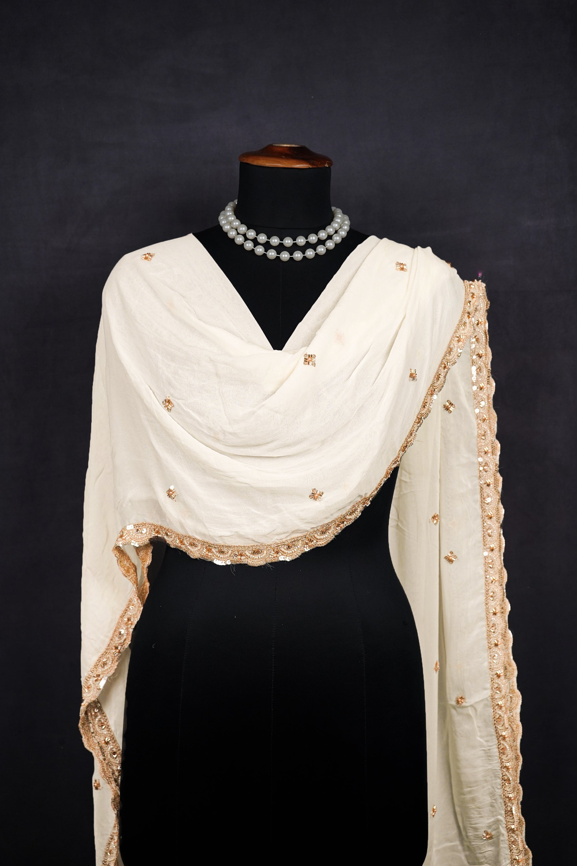 White Dyeable Georgette Dupatta With All Over Zari, Bead And Sequins Work 23111