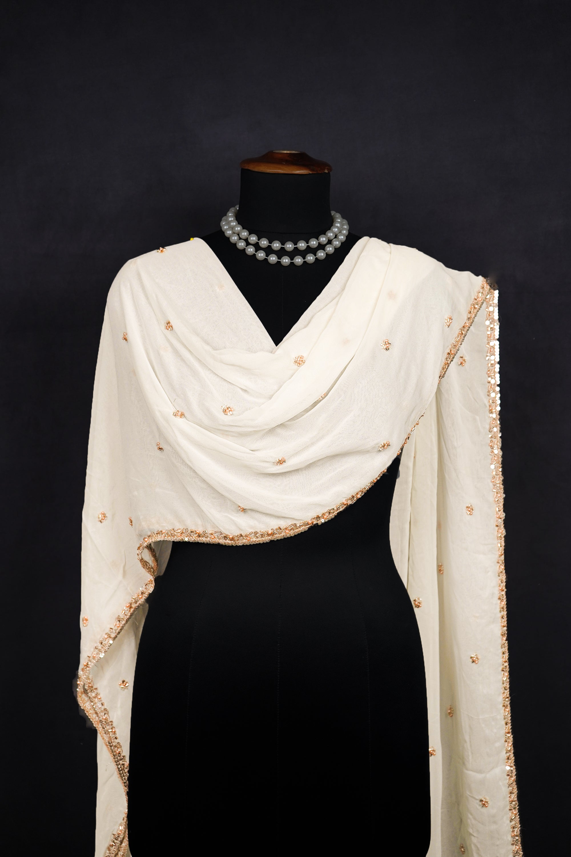 White Dyeable Georgette Dupatta With All Over Zari, Bead And Sequins Work 23113