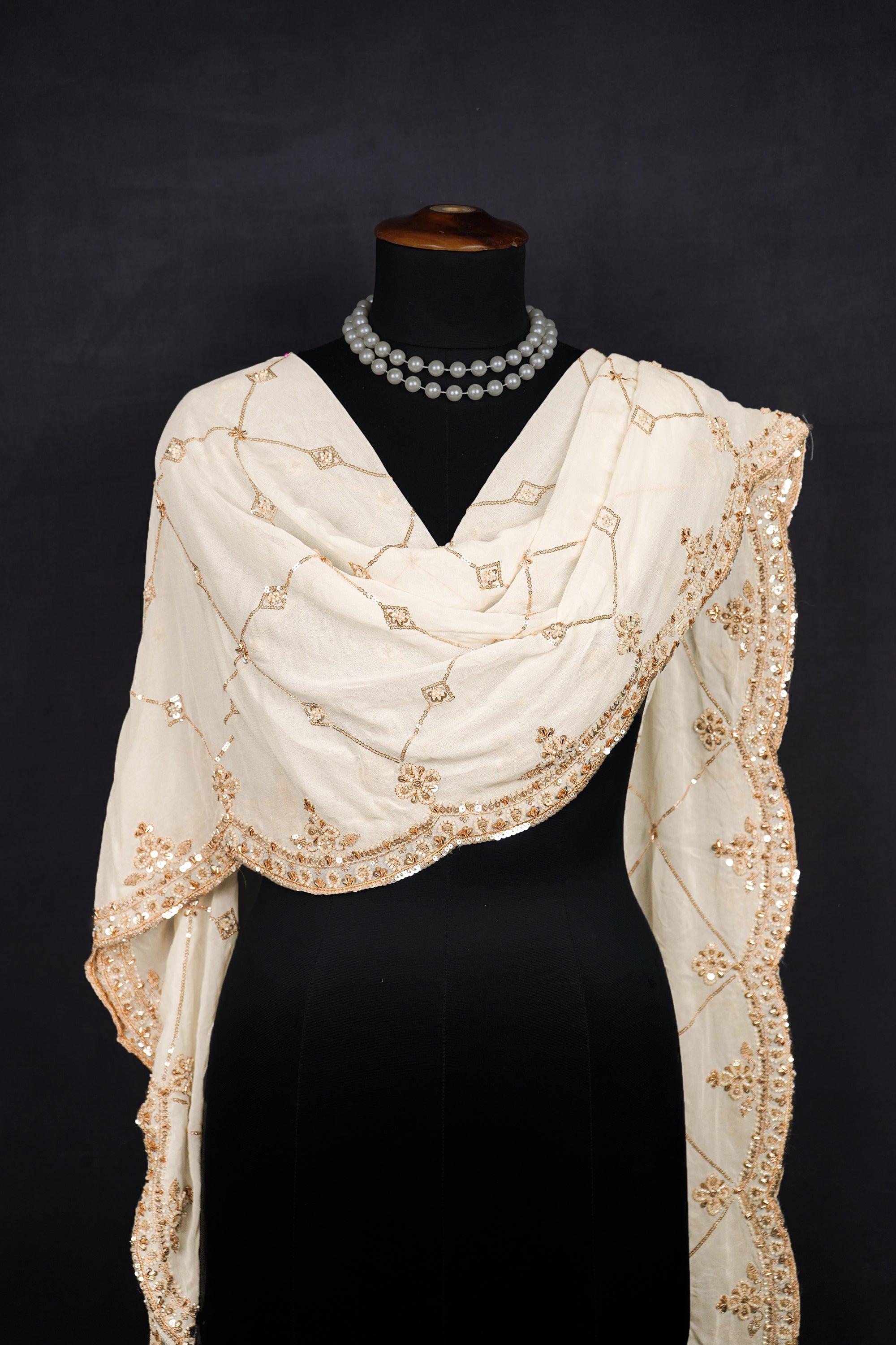 White Dyeable Georgette Dupatta With All Over Zari, Bead And Sequins Work 23114