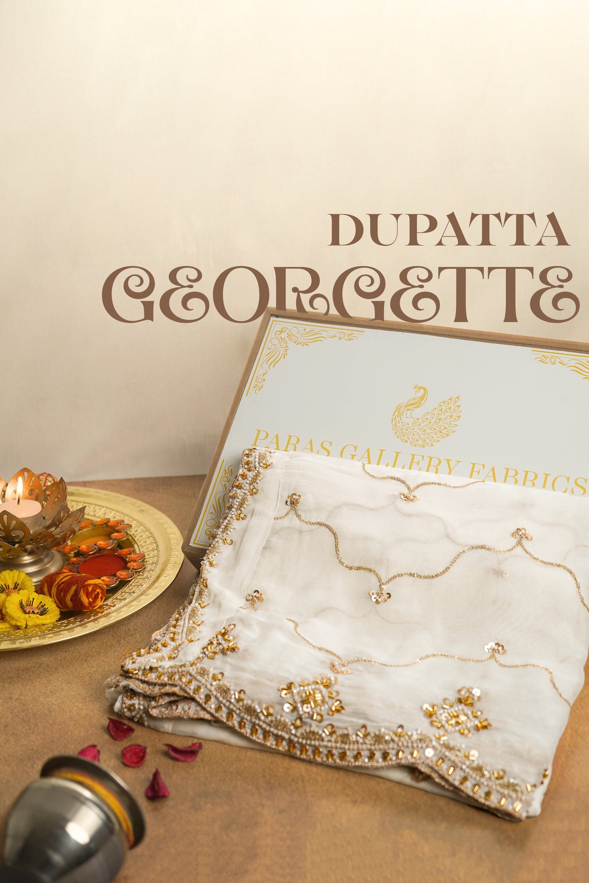 White Dyeable Georgette Dupatta With All Over Zari, Bead And Sequins Work 23115