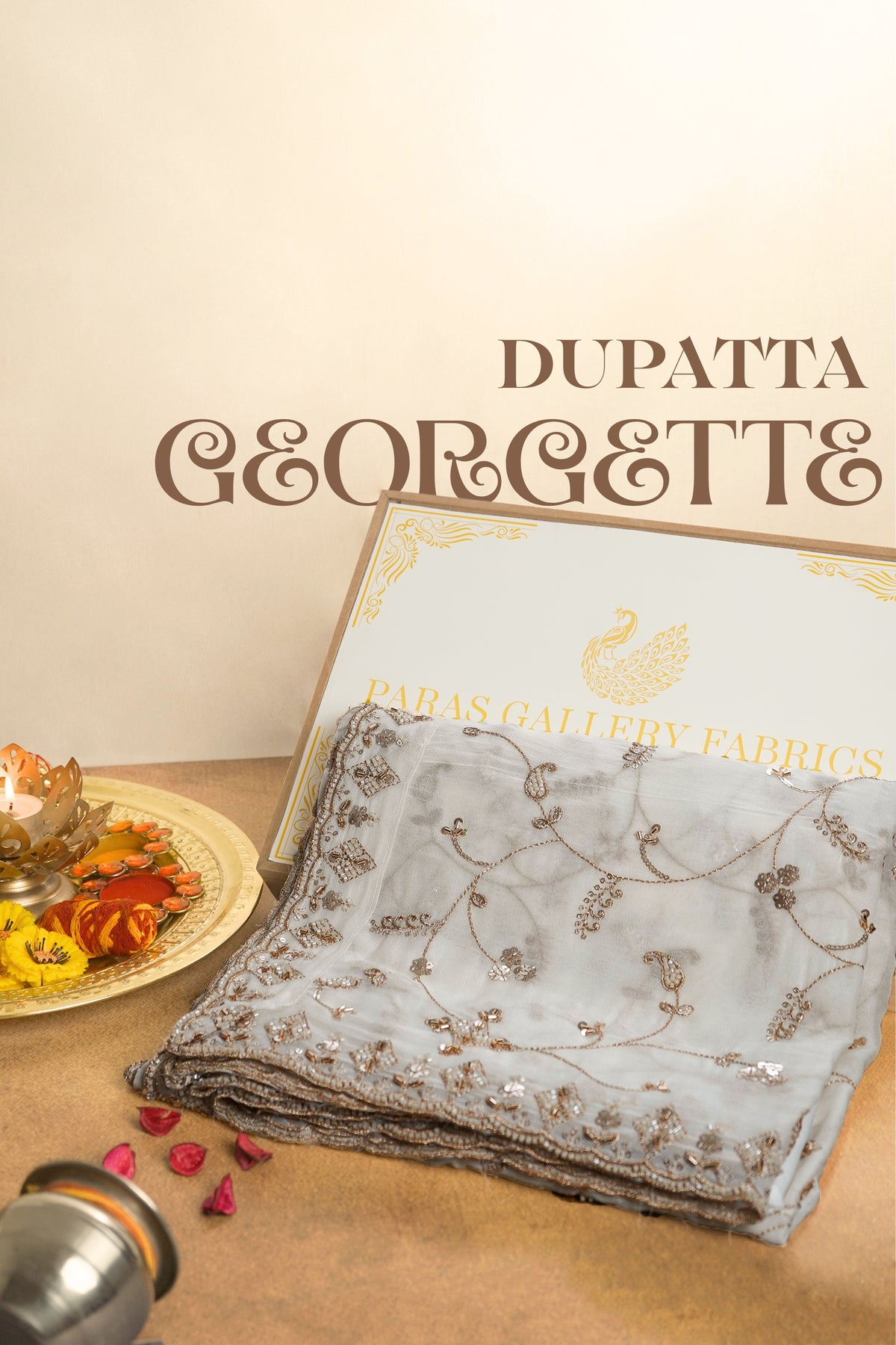 White Dyeable Georgette Dupatta With All Over Zari, Bead And Sequins Work 23116