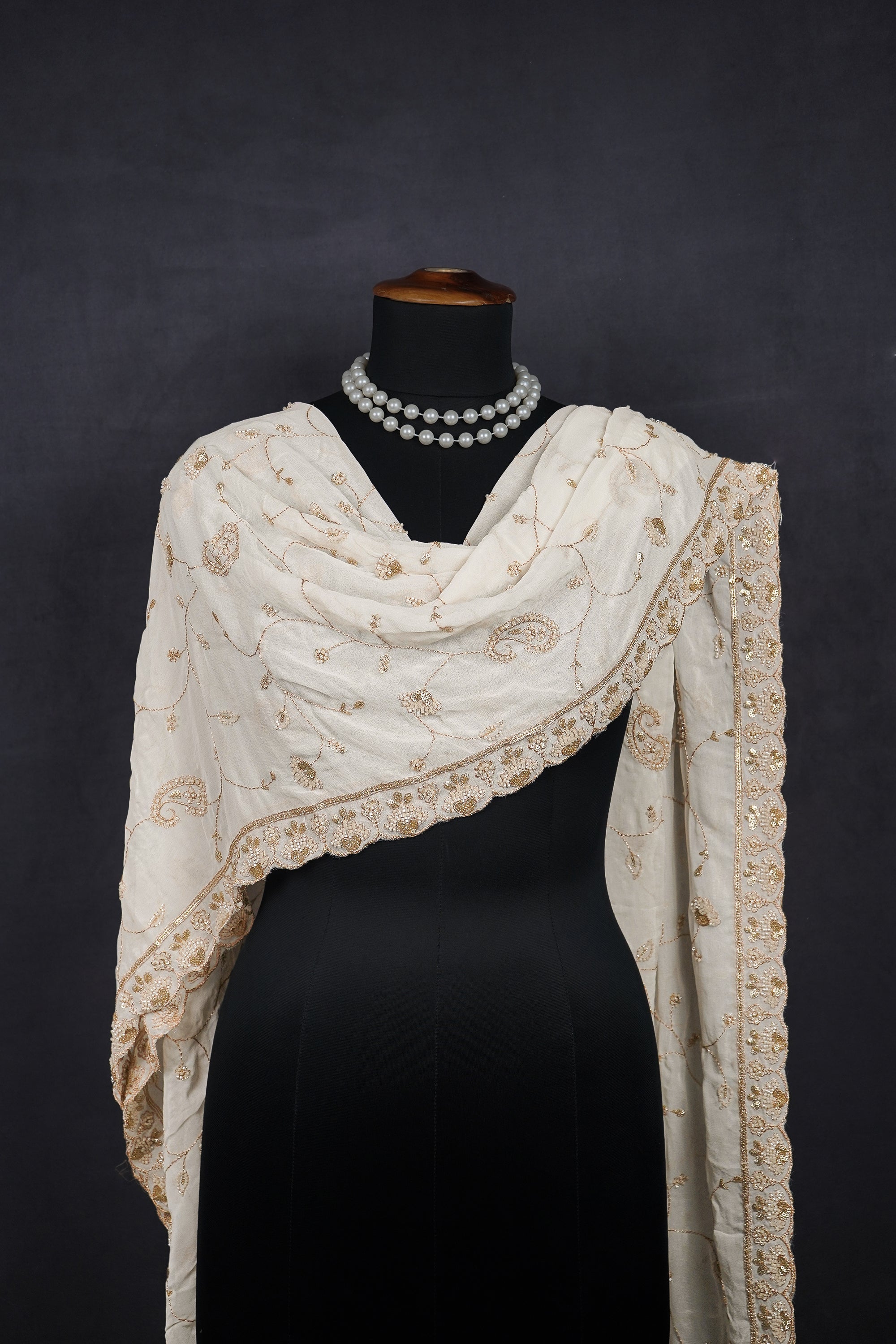White Dyeable Georgette Dupatta With All Over Zari, Bead And Sequins Work 23117
