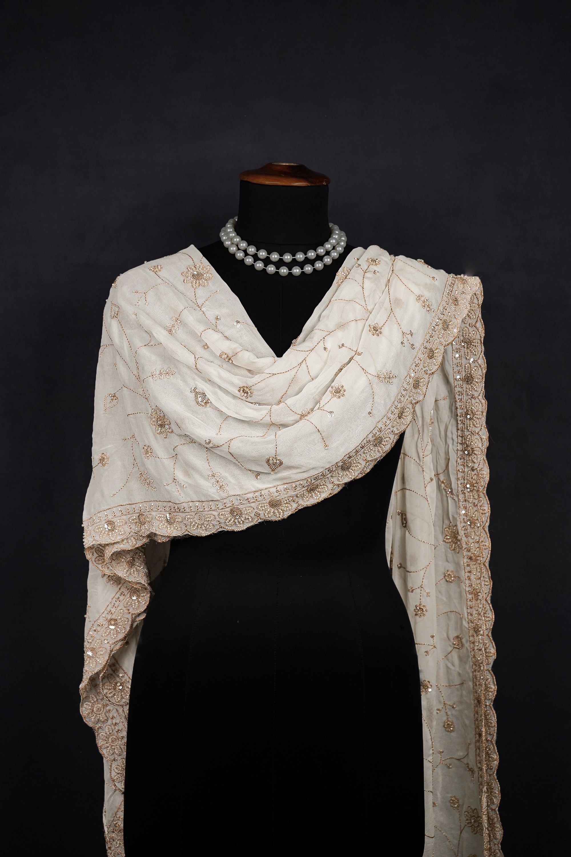 White Dyeable Georgette Dupatta With All Over Zari, Bead And Sequins Work 23118