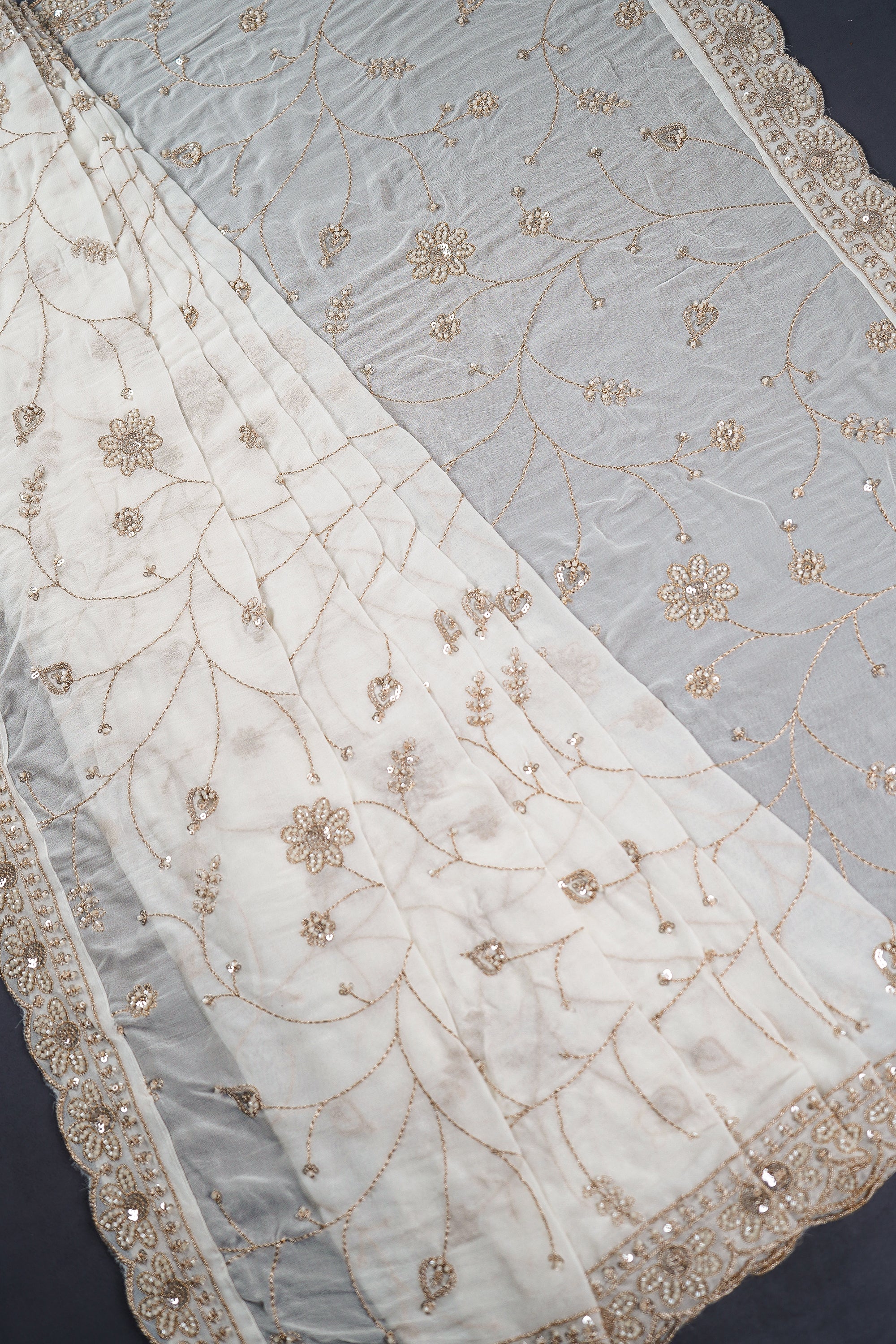 White Dyeable Georgette Dupatta With All Over Zari, Bead And Sequins Work 23118