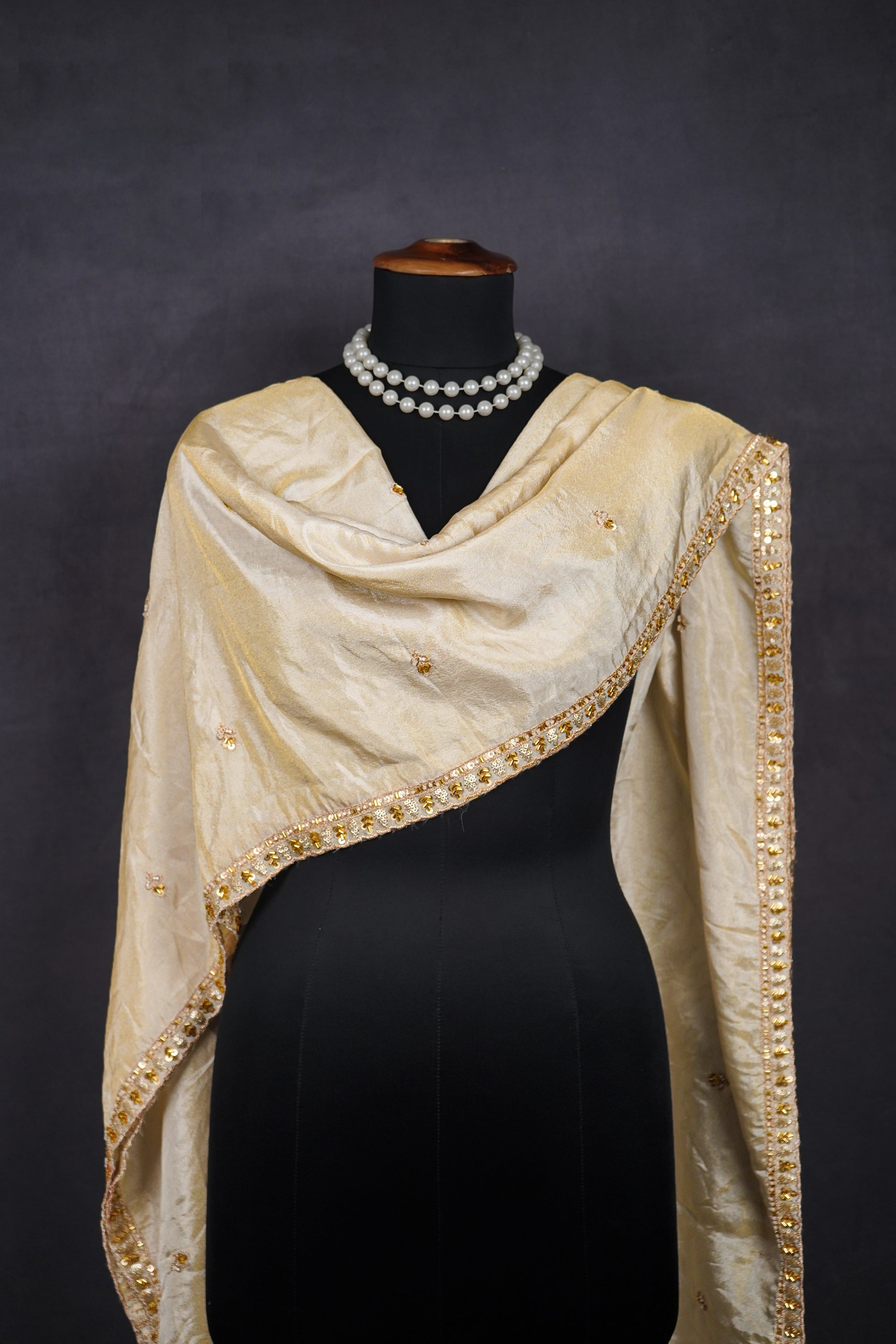 Light Gold Dyeable Tissue Dupatta With All Over Zari, Katdana And Sequins Work 23119