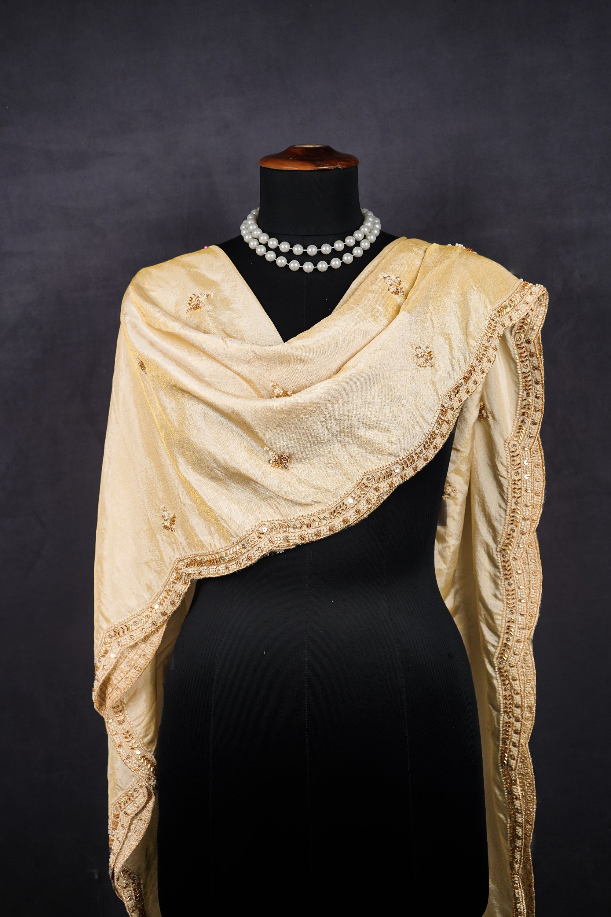 Light Gold Dyeable Tissue Dupatta With All Over Zari, Katdana And Sequins Work 23123
