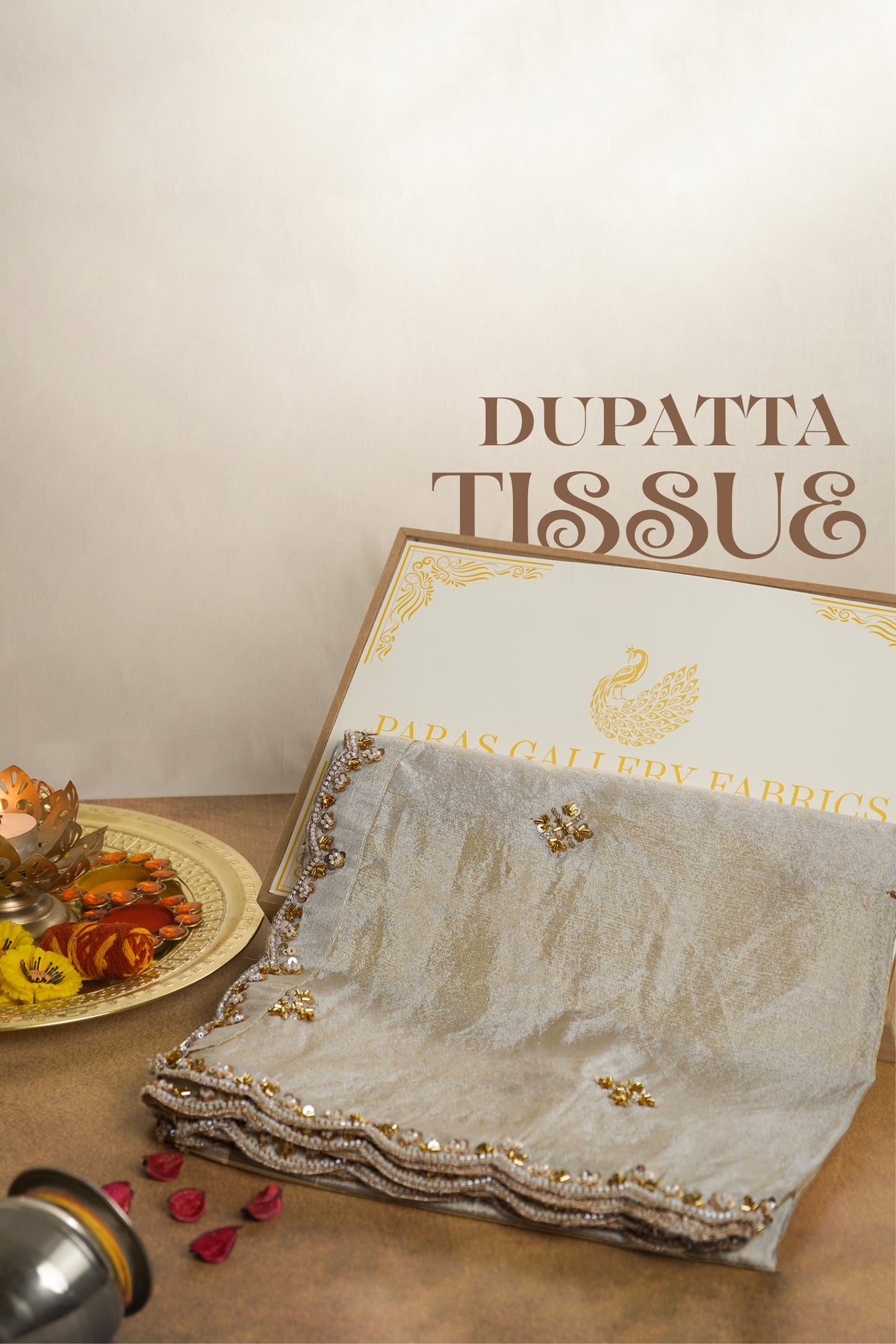 Light Gold Dyeable Tissue Dupatta With All Over Zari, Katdana And Sequins Work 23124
