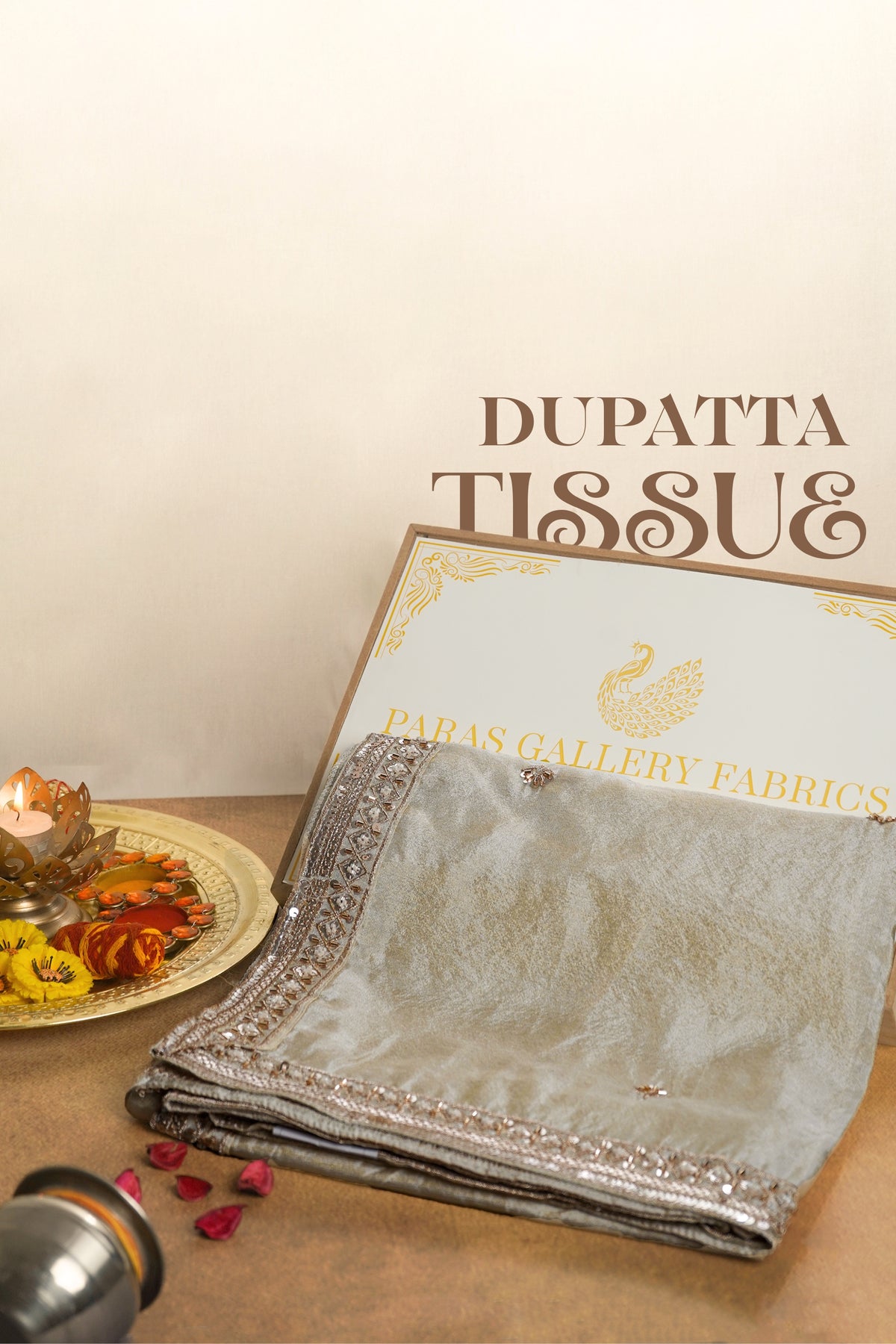 Light Gold Dyeable Tissue Dupatta With All Over Zari, Katdana And Sequins Work 23126