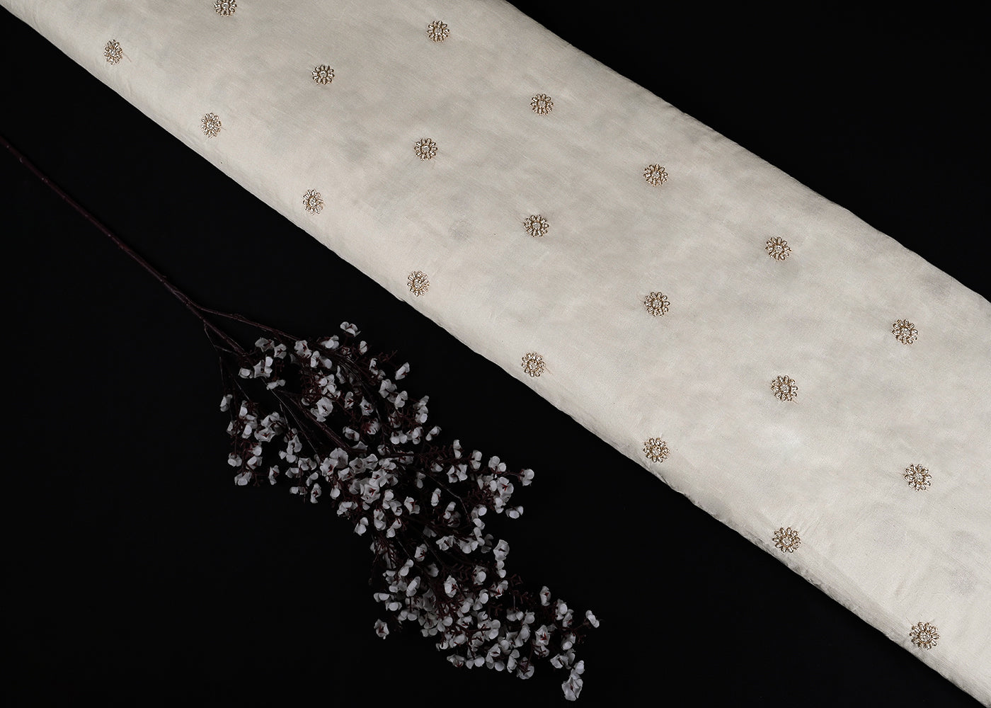 White Dyeable Chanderi Fabric With All Over Zari And Bead Work 23127