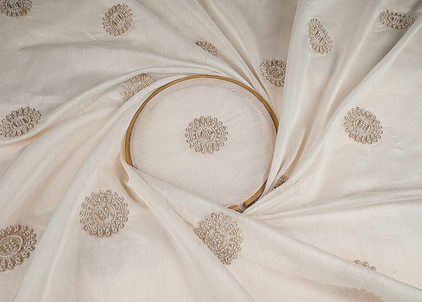 White Dyeable Chanderi Fabric With All Over Zari And Bead Work 23128