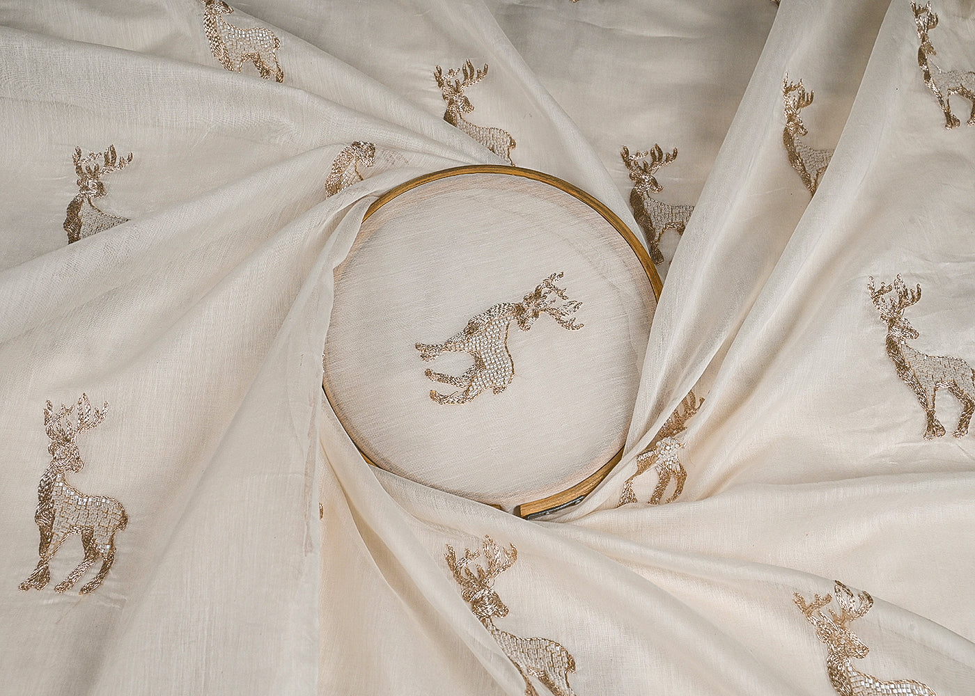 White Dyeable Chanderi Fabric With All Over Zari And Bead Work 23130