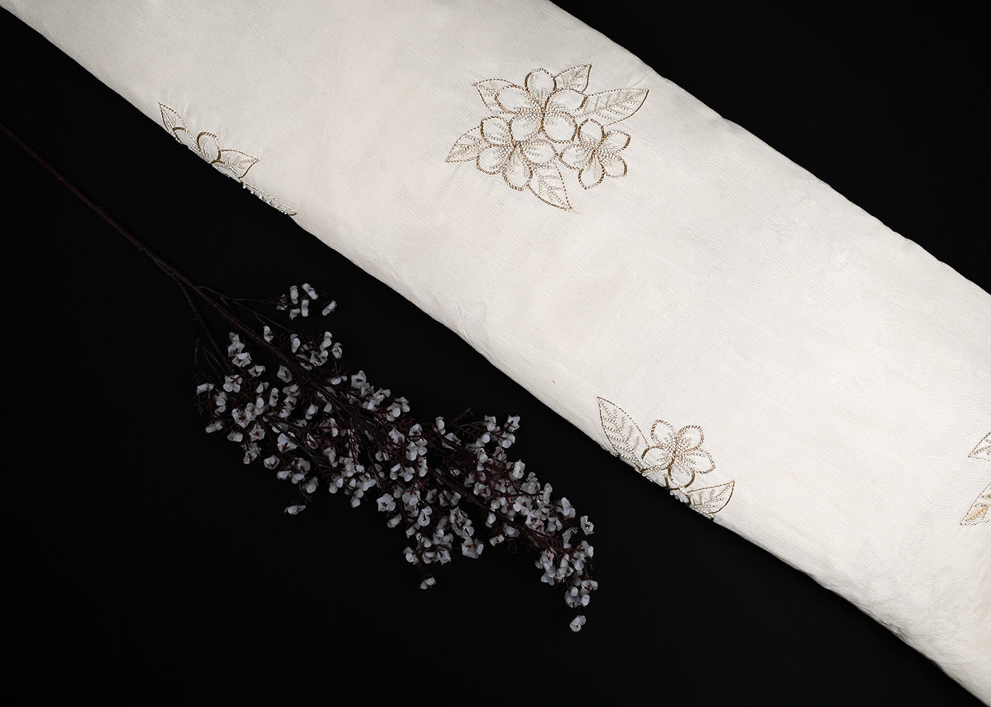 White Dyeable Organza Fabric With All Over Zari And Bead Work 23131