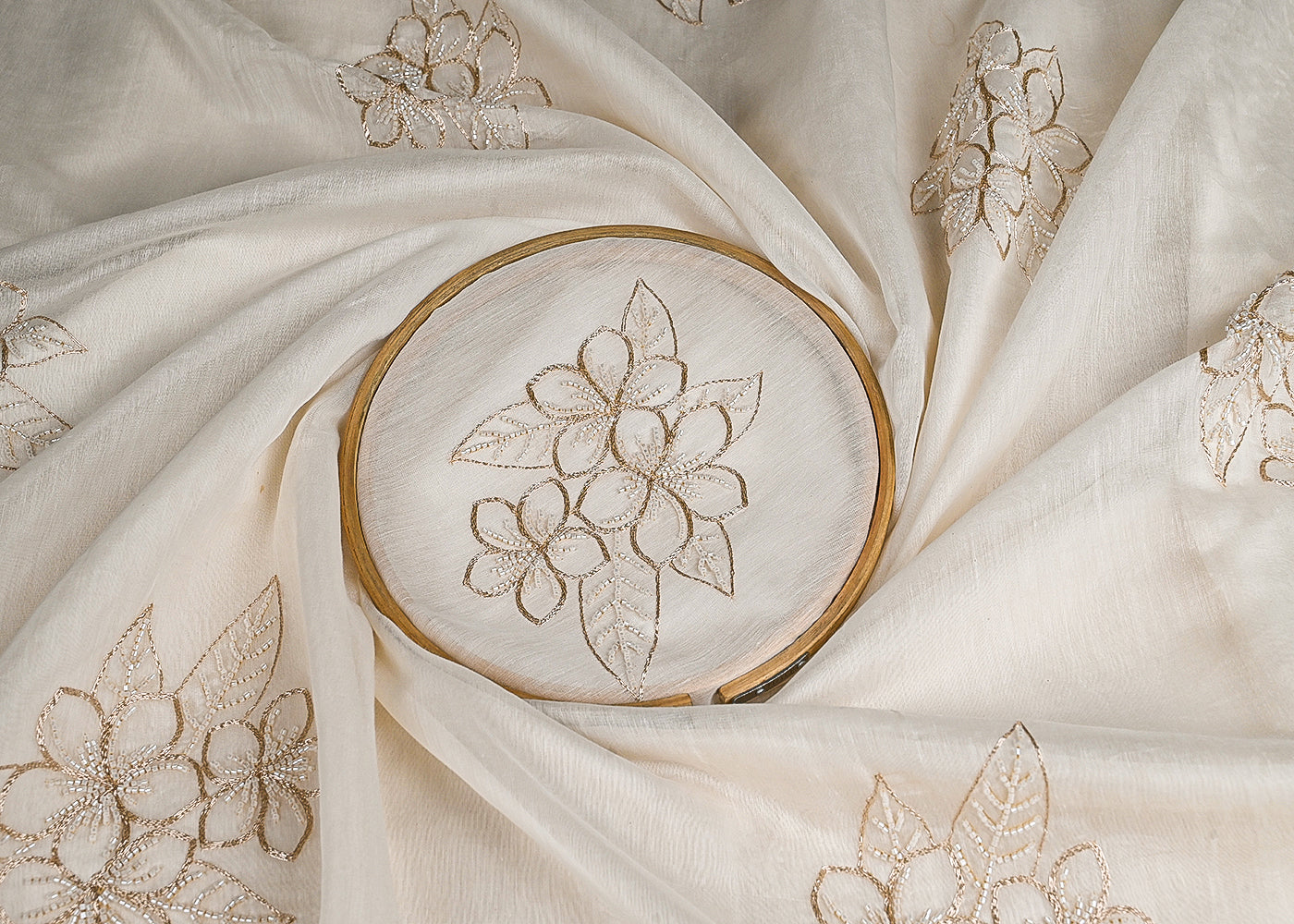 White Dyeable Organza Fabric With All Over Zari And Bead Work 23131