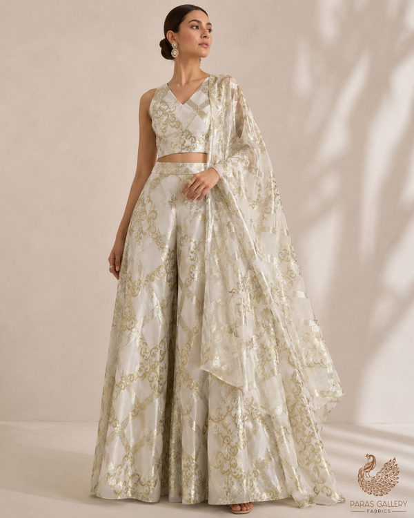 White Dyeable Georgette Fabric With All Over Golden Foil Work  23046