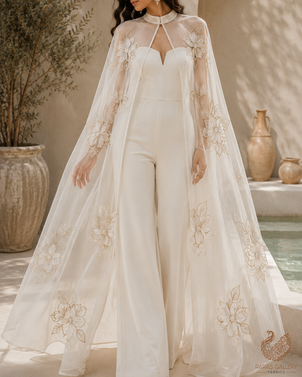 White Dyeable Pure Organza Fabric With All Over Zari And Katdana Flowers 23133