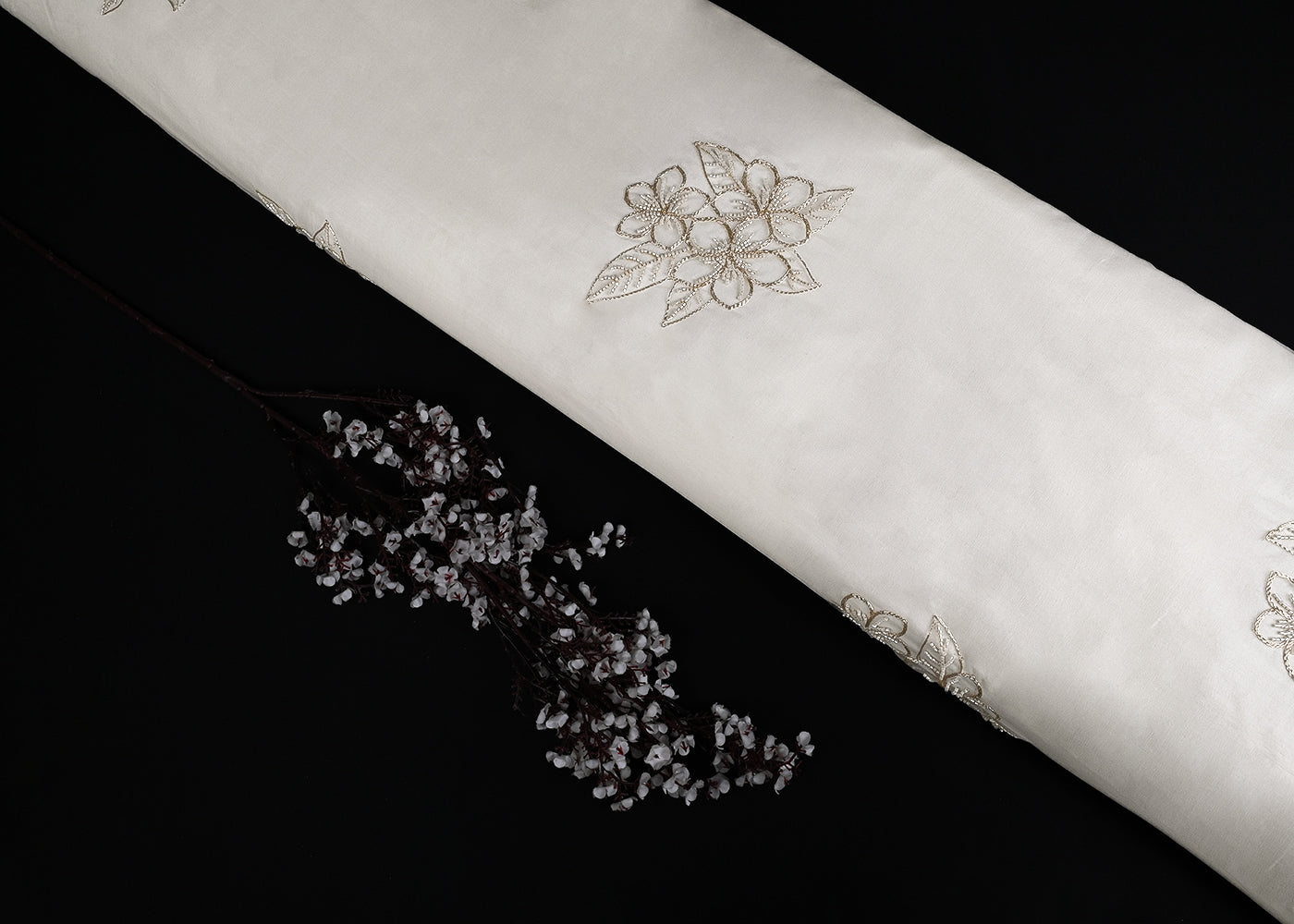 White Dyeable Pure Organza Fabric With All Over Zari And Katdana Flowers 23134