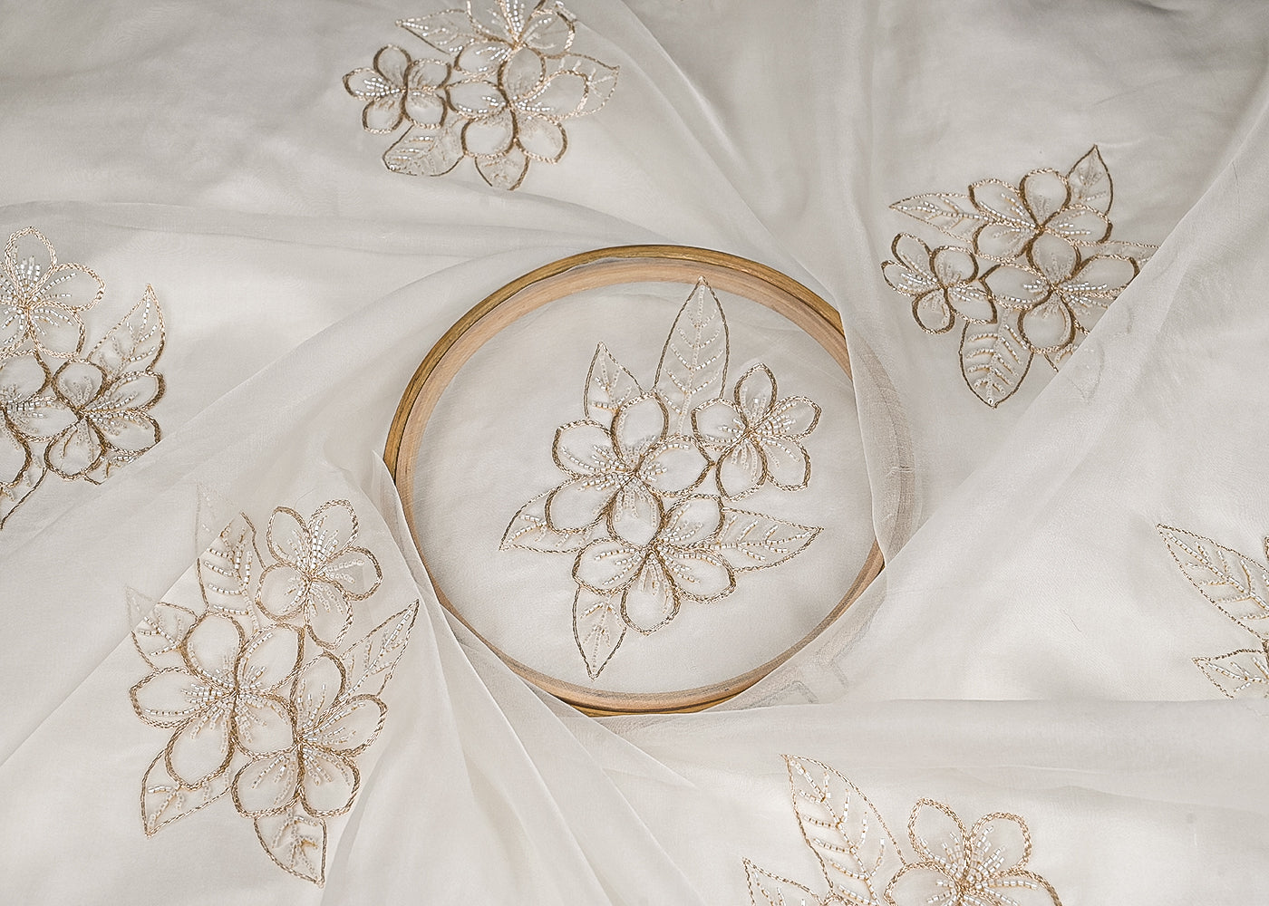 White Dyeable Pure Organza Fabric With All Over Zari And Katdana Flowers 23134