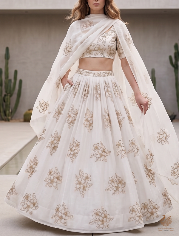 White Dyeable Pure Organza Fabric With All Over Zari And Katdana Flowers 23134