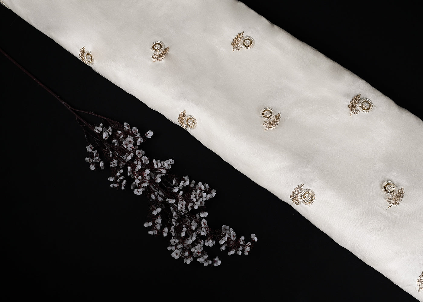White Dyeable Pure Organza Fabric With All Over Zari And Beads Work 23136