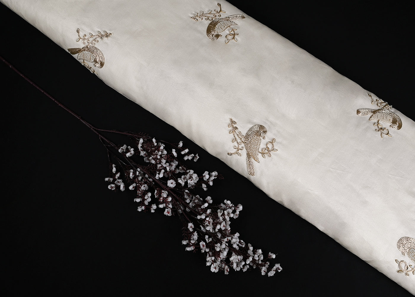 White Dyeable Pure Organza Fabric With All Over Zari And Beads Work 23137