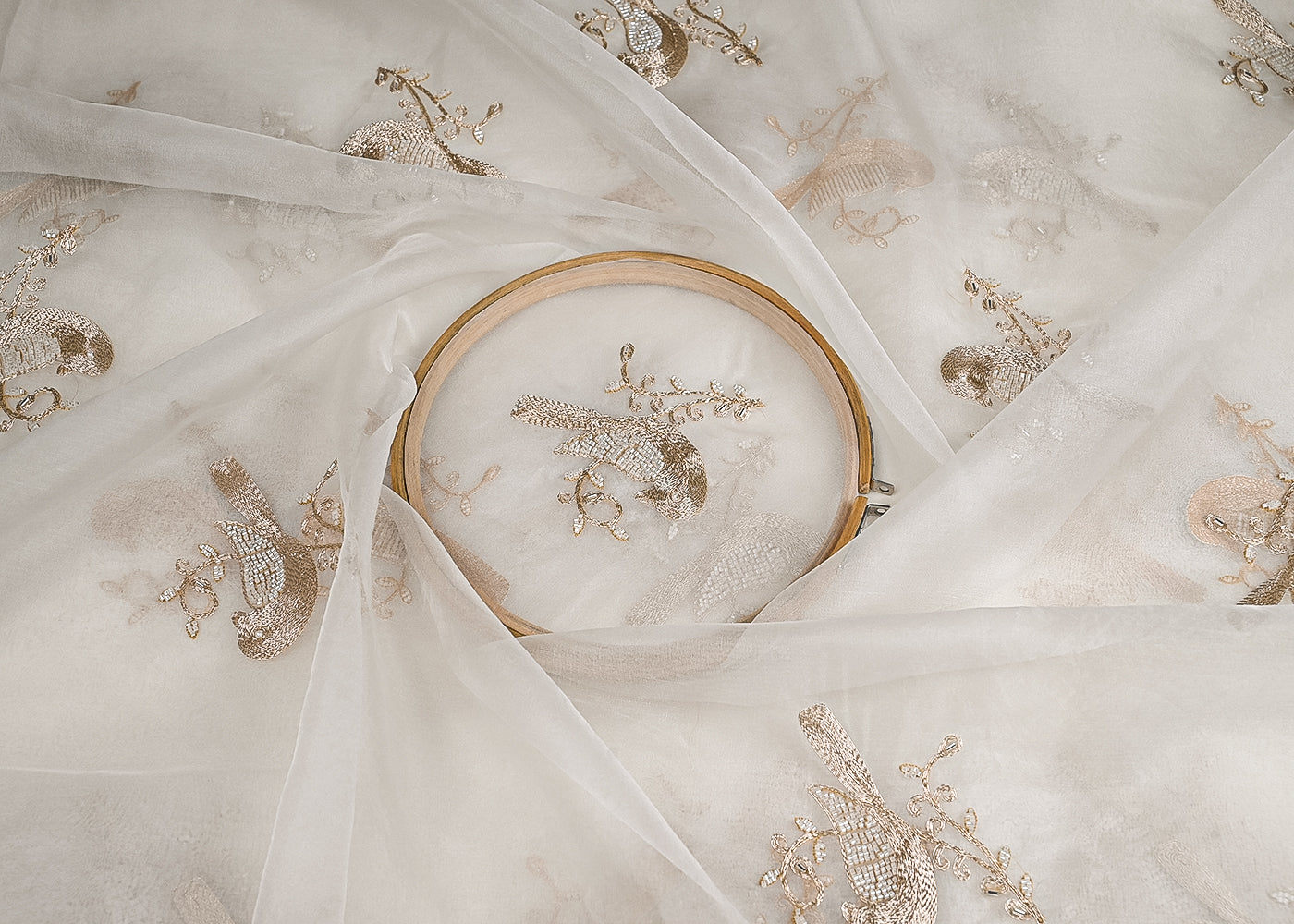 White Dyeable Pure Organza Fabric With All Over Zari And Beads Work 23137