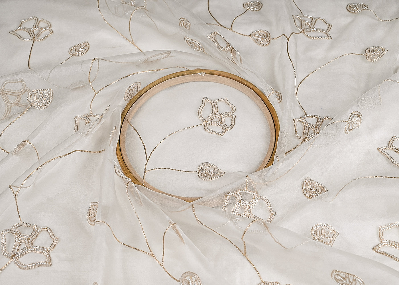 White Dyeable Pure Organza Fabric With All Over Zari And Beads Work 23138