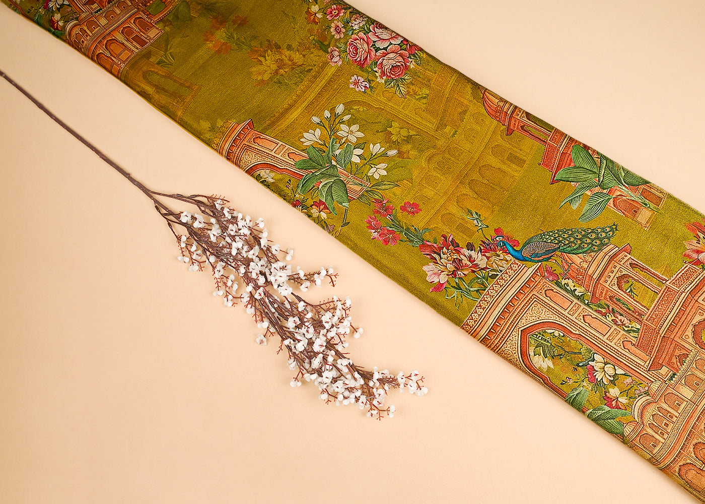 Green Tissue Fabric With All Over Traditional Print  23139