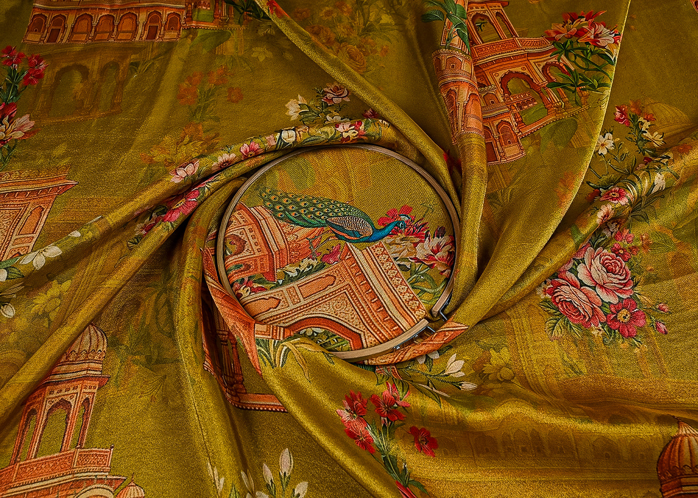 Green Tissue Fabric With All Over Traditional Print  23139