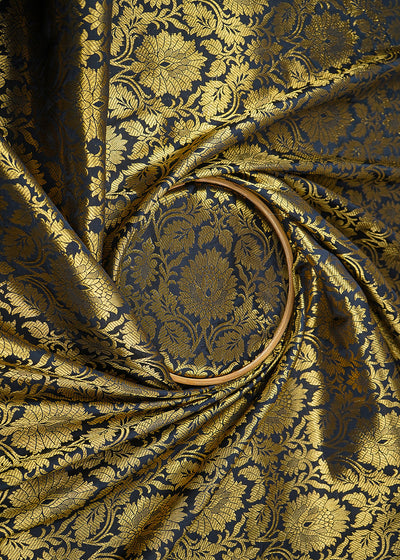 Black Banarasi Brocade Fabric With All Over Zari Handloom 23147