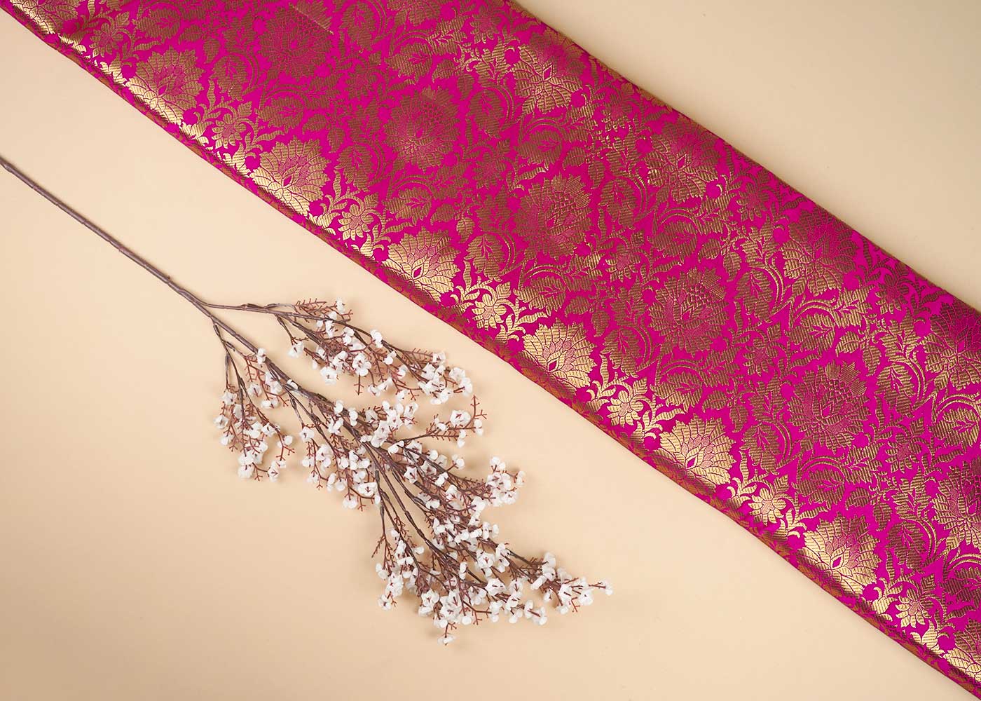Rani Pink Banarasi Brocade Fabric With All Over Zari Handloom 23148