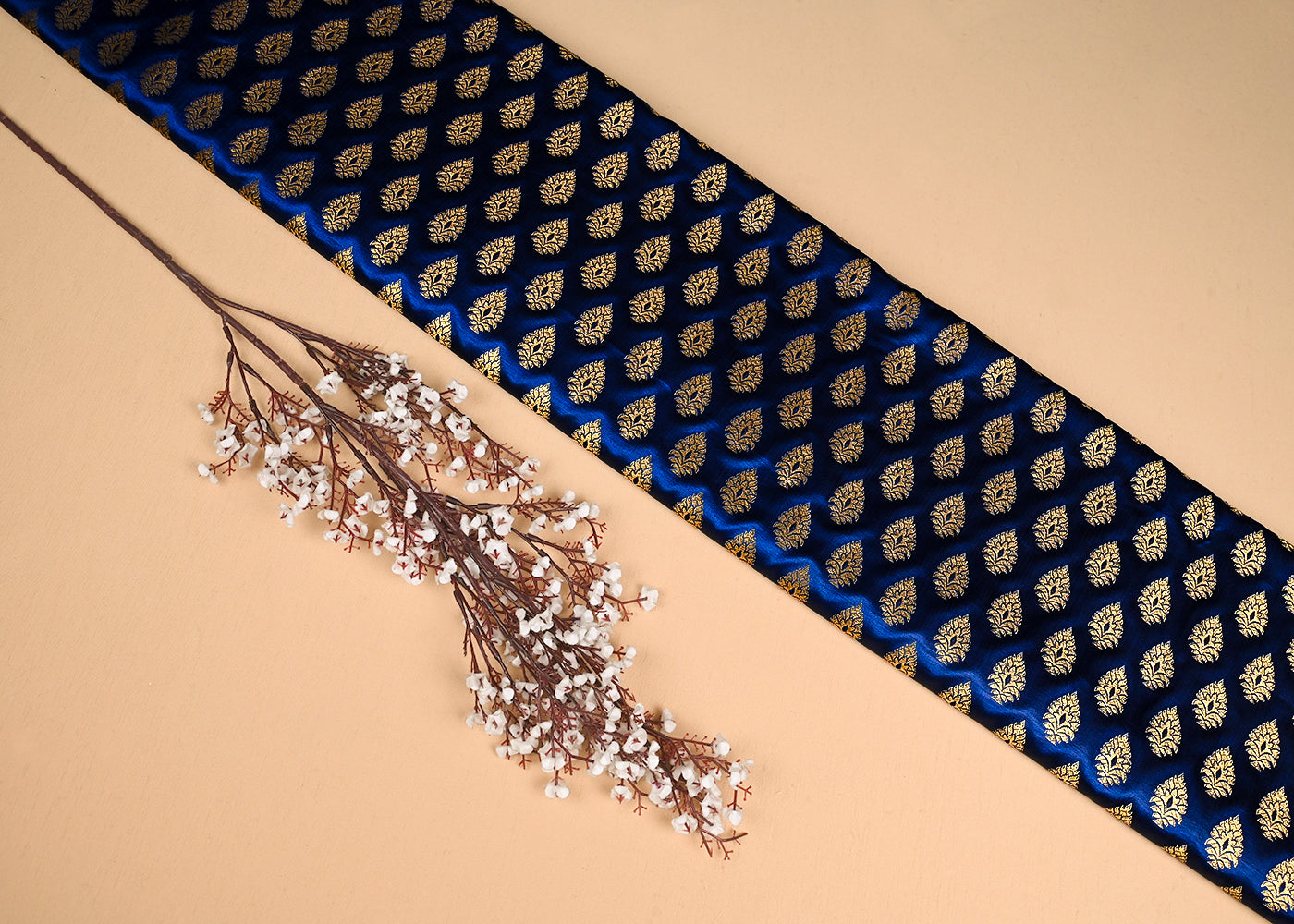 Navy Blue Banarasi Brocade Fabric With All Over Golden Zari Handloom 23157